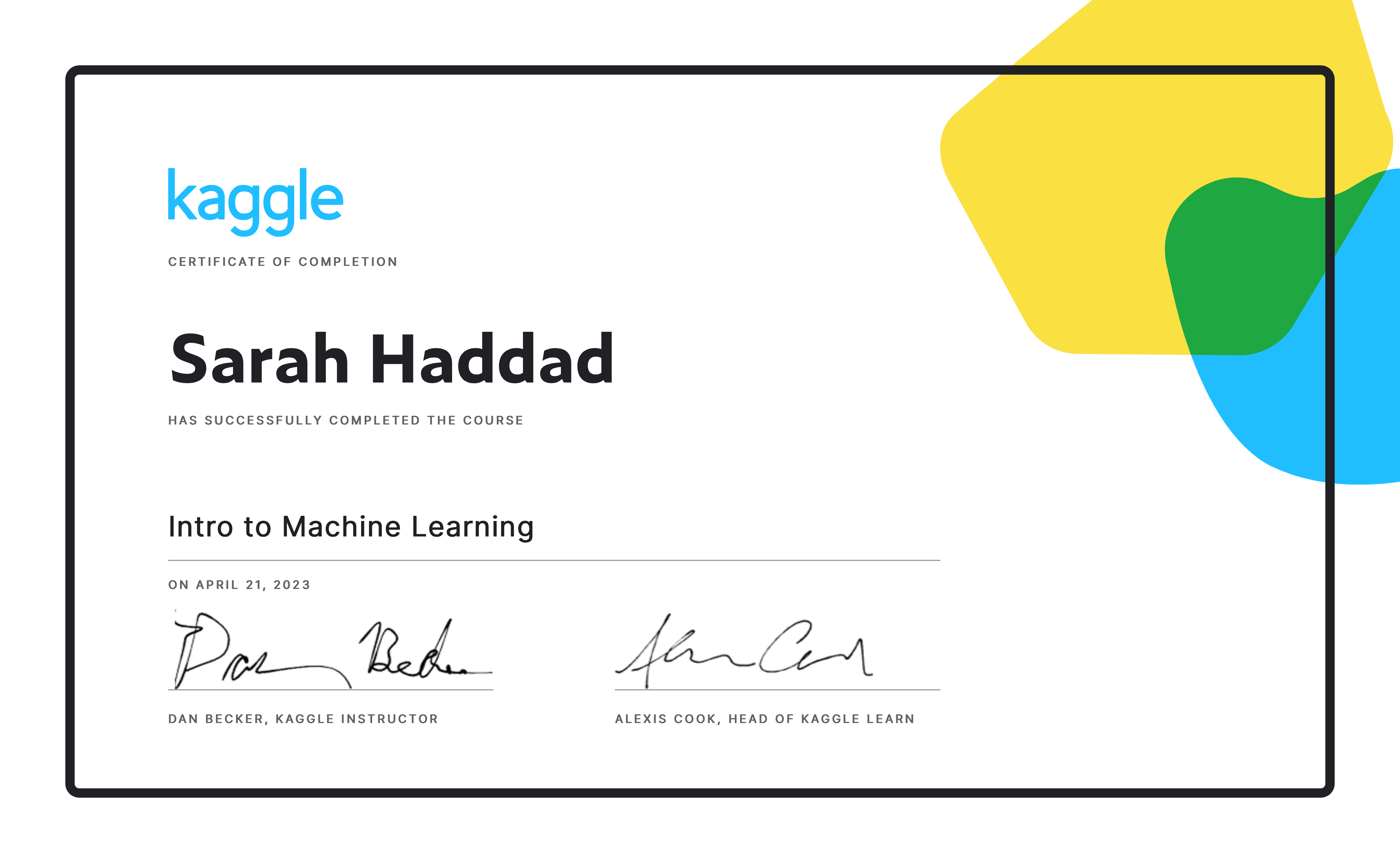 Intro to Machine Learning Certificate